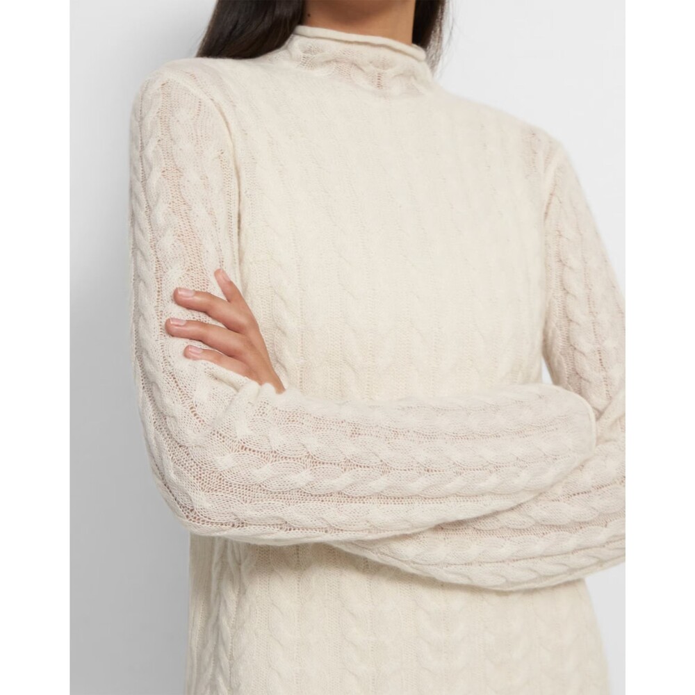 $295 Theory 100% Cashmere Cable-Knit Mock Neck Sweater in Cashmere Size M Cream